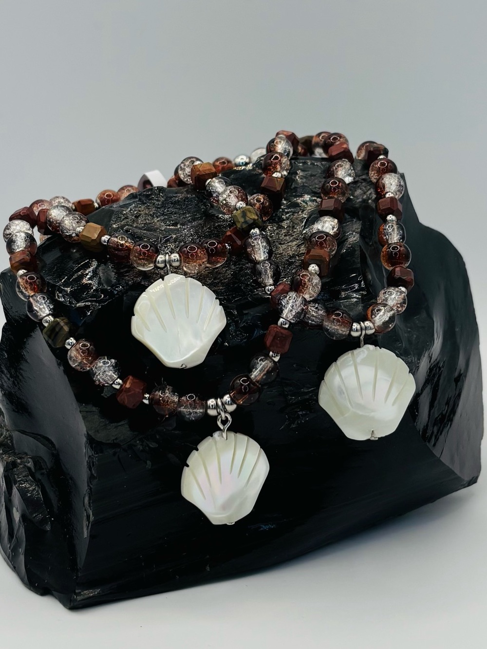 *ANKLET* S.Steel Shell & Crackle Glass Jasper Stretchy Anklet